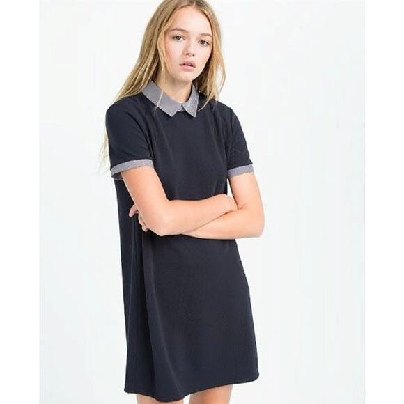 Zara Women's Navy Blue Knit Stripe Collar Short Sleeve Mini Polo Shift Dress L - Picture 2 of 8